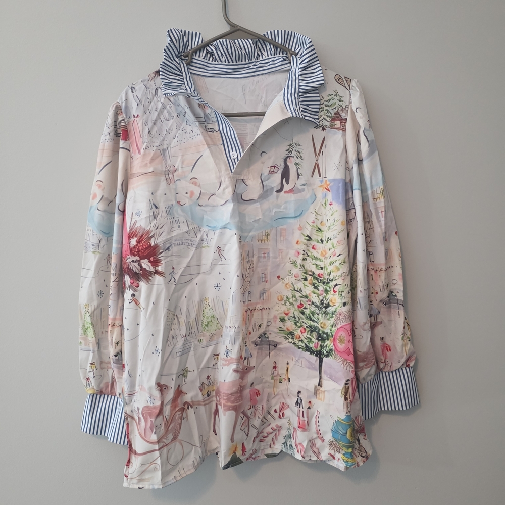 Festive Print Shirt with Striped Collar